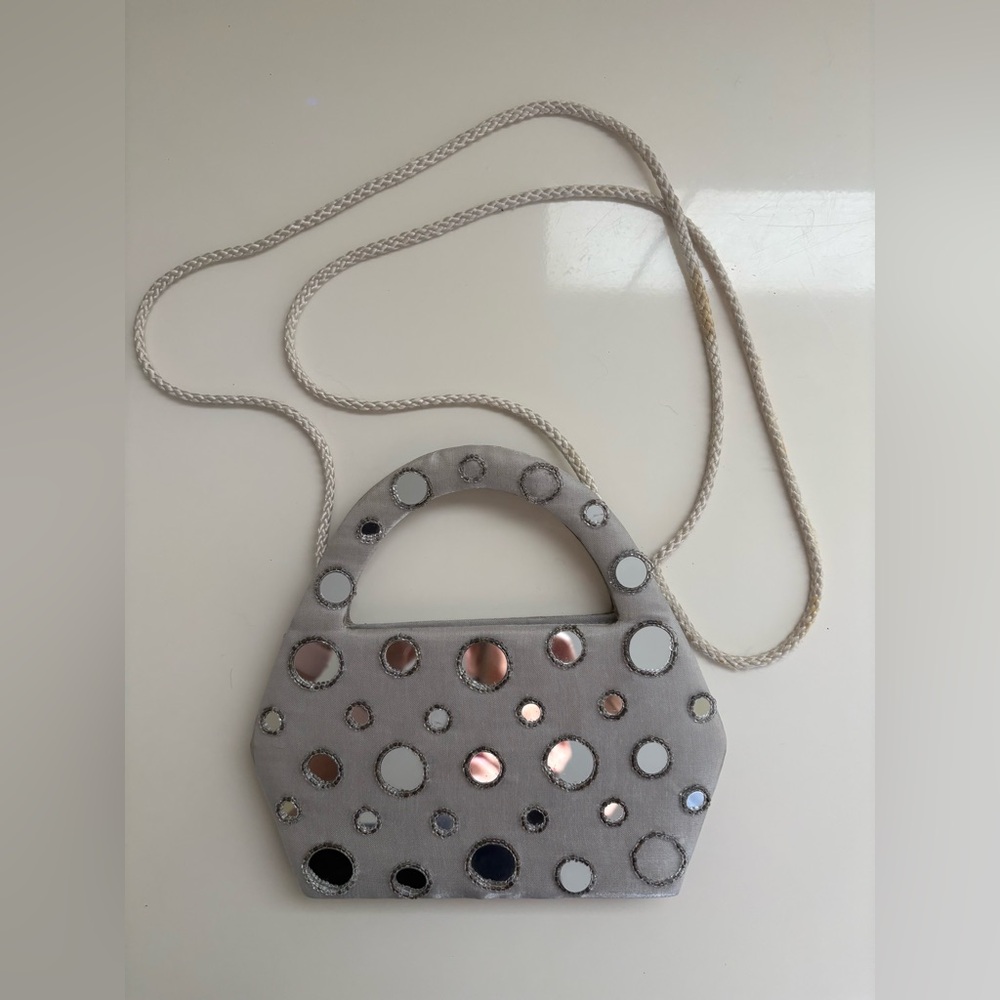 VINTAGE 80’s U.S. PAT 4453294 MAGNETIC SNAP GRAY FABRIC & MIRROR EVENING PURSE